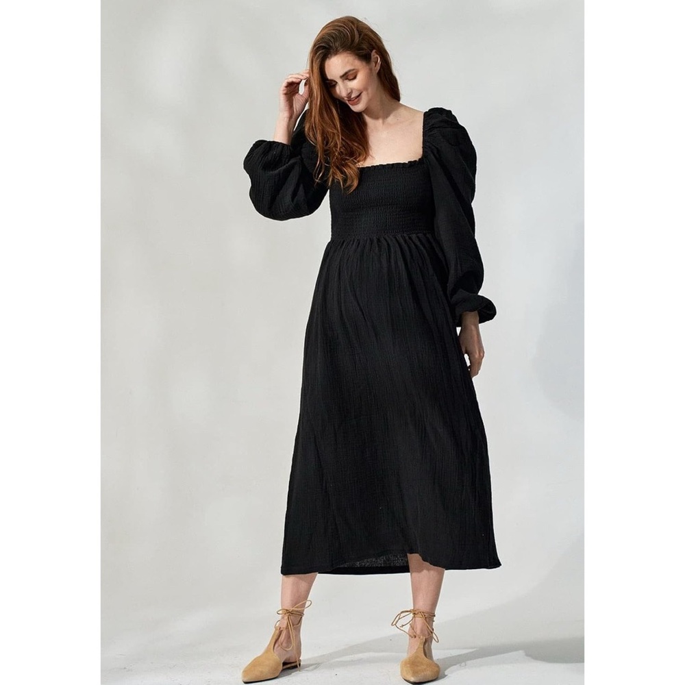 Black Smocked Square-Neck Midi Dress with Puff Sleeves
